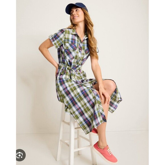 NWT Tommy Bahama Maui Madras Midi Shirt Dress Green Blue Red Plaid XS - Picture 2 of 8